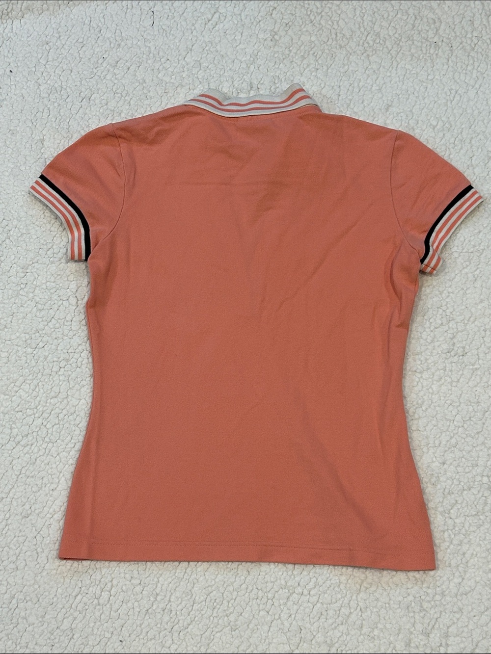 Lacoste Coral Pink Deep V-Neck fitted Polo Shirt Small Striped Collar & Sleeves - Picture 2 of 16